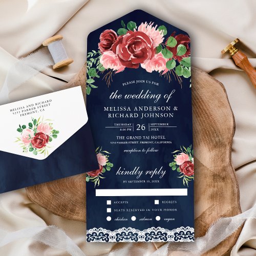 Blush Pink Burgundy Floral Lace Navy Blue Wedding All In One Invitation