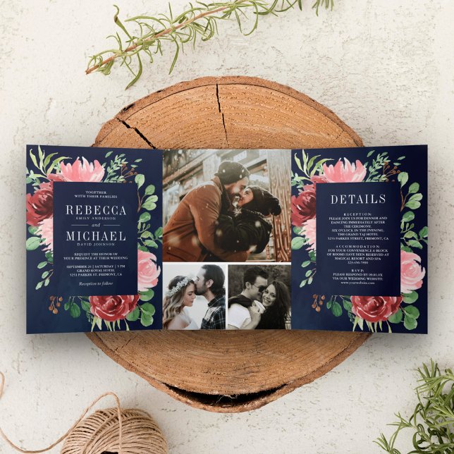 Blush Pink Burgundy Floral Navy Blue Wedding Tri-Fold Invitation (Creator Uploaded)