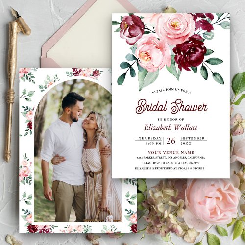 Blush Pink Burgundy Floral Photo Bridal Shower Invitation