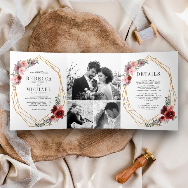  Blush Pink Burgundy Floral Photo Collage Wedding Tri-Fold Invitation (Creator Uploaded)