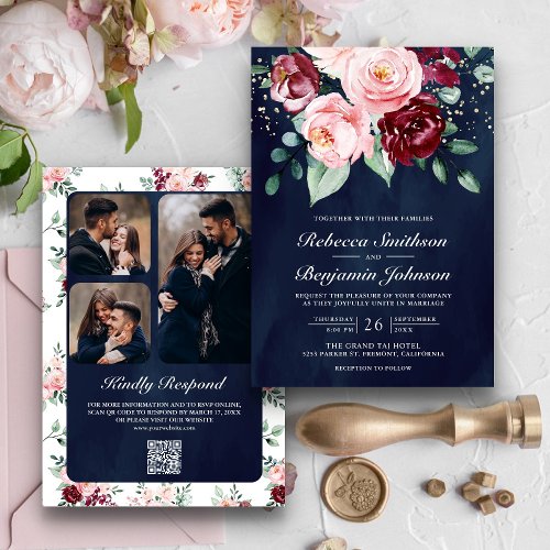 Blush Pink Burgundy Floral QR Code Navy Wedding Invitation