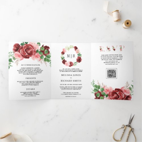Blush Pink Burgundy Floral QR Code Wedding Tri-Fold Invitation