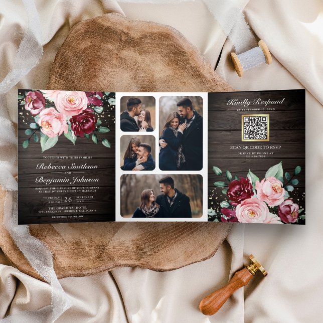 Blush Pink Burgundy Floral QR Code Wood Wedding Tri-Fold Invitation (Creator Uploaded)