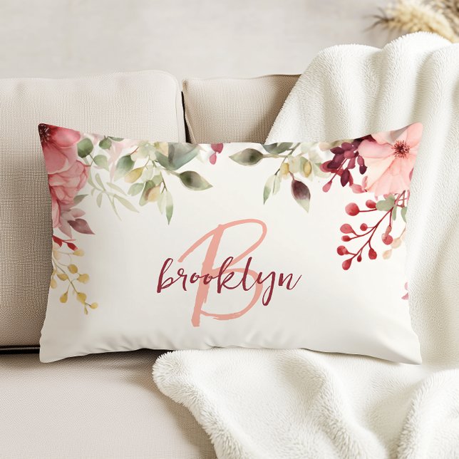 Blush Pink Burgundy Floral Script Monogram  Accent Pillow (Creator Uploaded)
