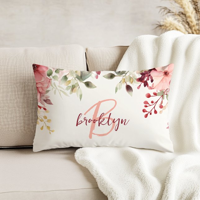 Blush Pink Burgundy Floral Script Monogram  Accent Pillow (Creator Uploaded)
