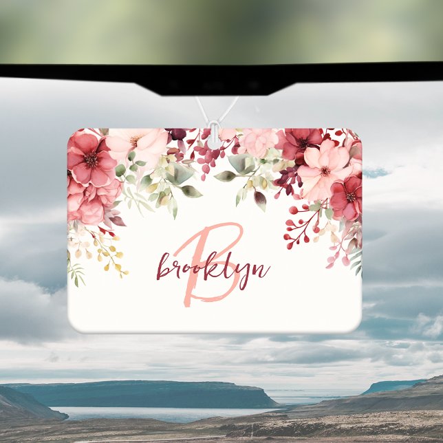 Blush Pink Burgundy Floral Script Monogram Air Freshener (Creator Uploaded)