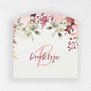 Blush Pink Burgundy Floral Script Monogram  Door Sign