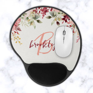 Blush Pink Burgundy Floral Script Monogram  Gel Mouse Pad
