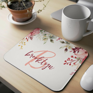 Blush Pink Burgundy Floral Script Monogram Mouse Pad