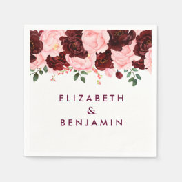 Blush Pink & Burgundy Floral Watercolor Wedding Paper Napkins
