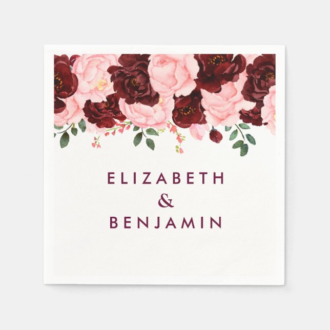 Blush Pink & Burgundy Floral Watercolor Wedding Paper Napkins (Front)