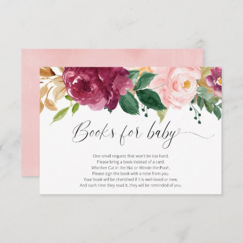 Blush pink burgundy floral watercolors books baby enclosure card