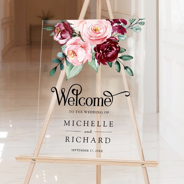 Blush Pink Burgundy Floral Wedding Welcome Acrylic Sign (Creator Uploaded)