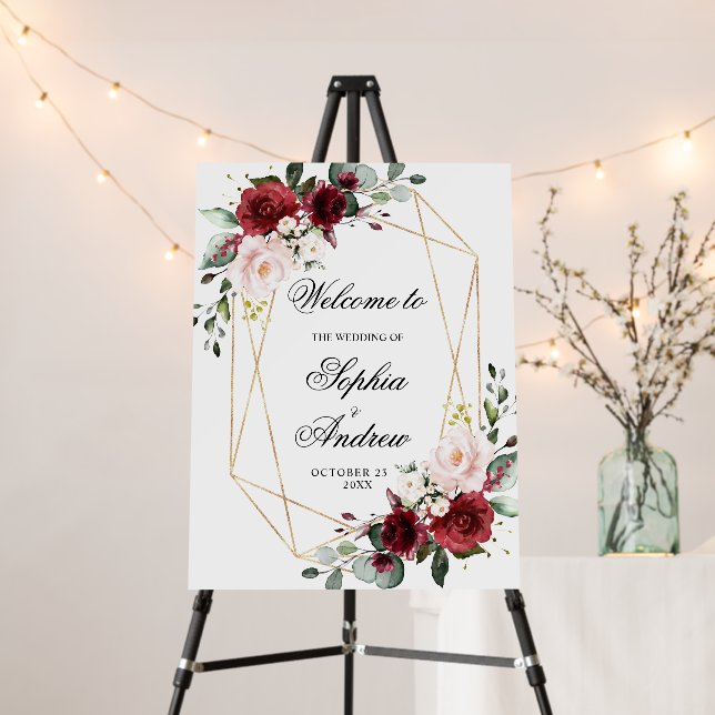 Blush Pink & Burgundy Floral Wedding Welcome Foam Board (In Situ (Stand))