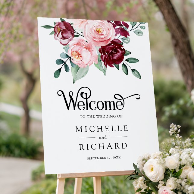 Blush Pink Burgundy Floral Wedding Welcome Sign (Creator Uploaded)