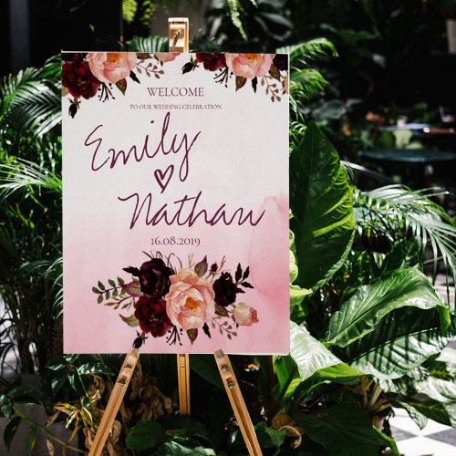 Blush Pink Burgundy Floral Wedding Welcome Sign