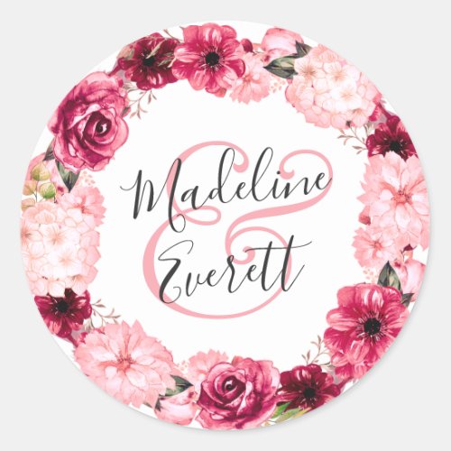 Blush Pink Burgundy Floral Wreath Monogram Wedding Classic Round Sticker