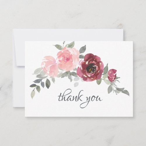 Blush Pink Burgundy Flowers Watercolor Wedding Thank You Card