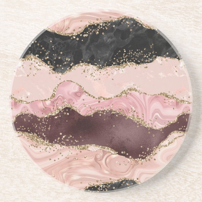 Blush Pink Burgundy Gold Black Glitter Coaster (Front)