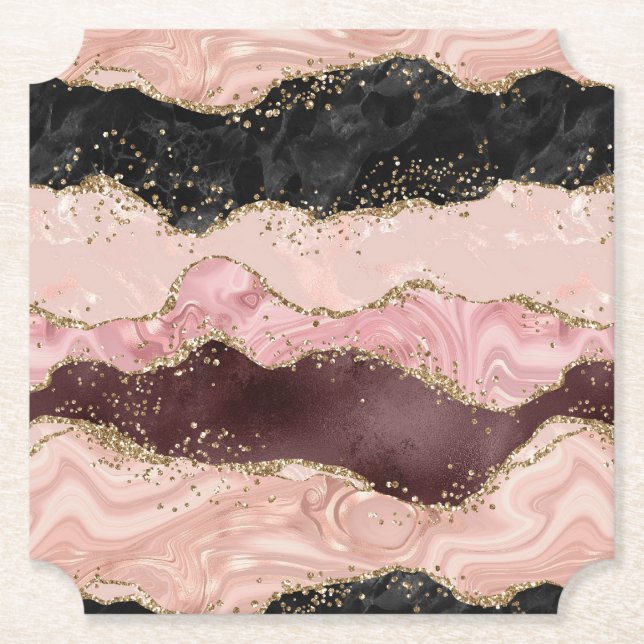 Blush Pink Burgundy Gold Black Glitter Paper Coaster (Front)