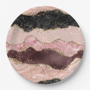 Blush Pink Burgundy Gold Black Glitter Paper Plates