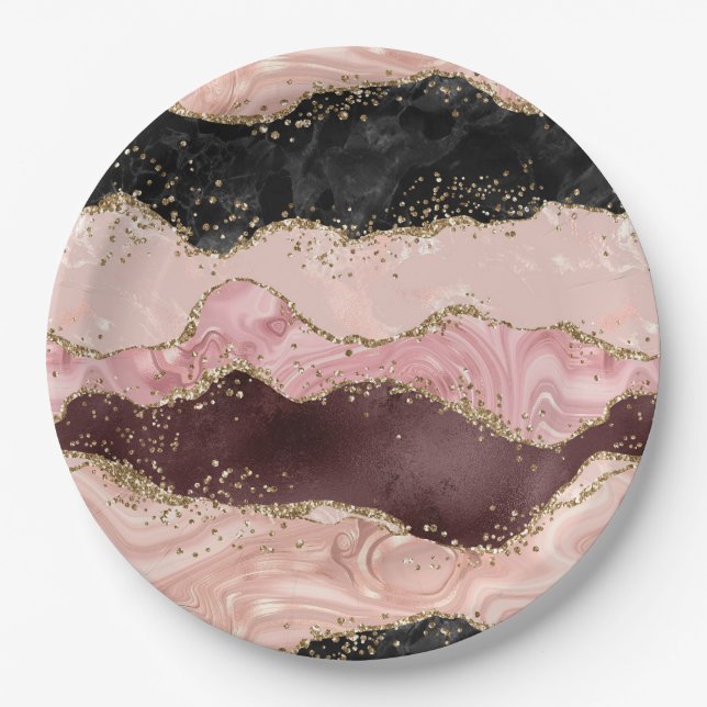 Blush Pink Burgundy Gold Black Glitter Paper Plates (Front)