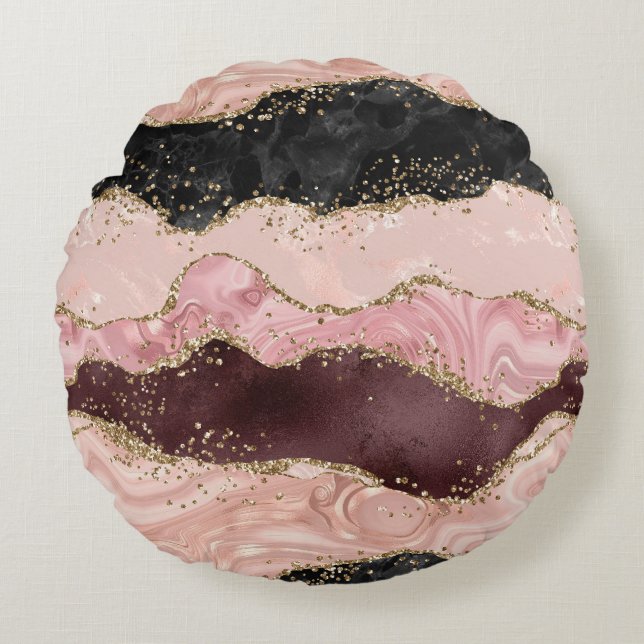 Blush Pink Burgundy Gold Black Glitter Round Pillow (Front)