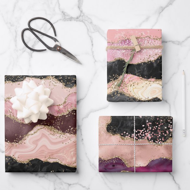Blush Pink Burgundy Gold Black Glitter Wrapping Paper Sheets (Front)
