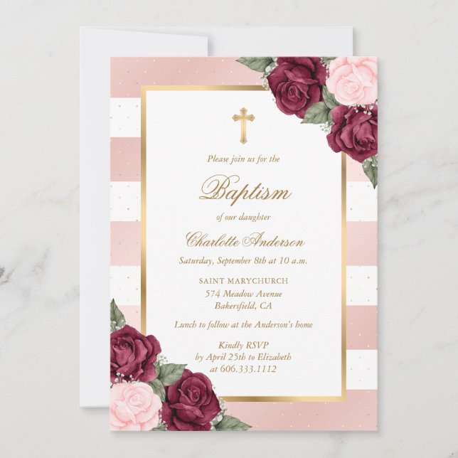 Blush Pink Burgundy Gold Floral Baptism Invitation (Front)