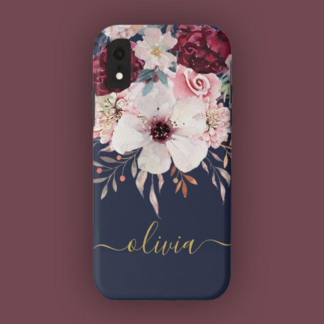 Blush Pink Burgundy Gold Floral iPhone Case (Beautiful Watercolor Floral Design. Personalize with Your Elegant Custom Name.)