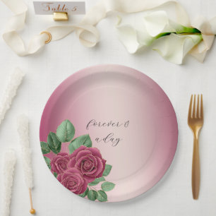 Blush Pink Burgundy Gold Roses Wedding Leaves Paper Plates
