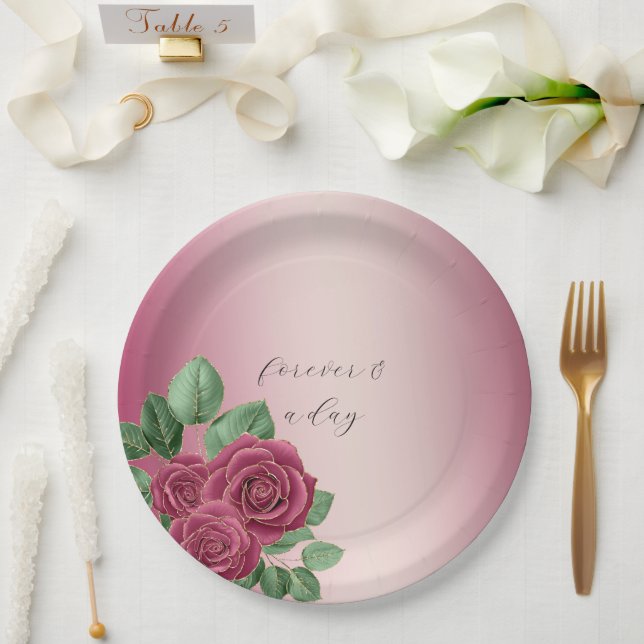 Blush Pink Burgundy Gold Roses Wedding Leaves Paper Plates (Wedding)