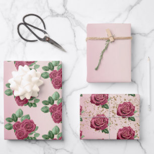 Blush Pink Burgundy Gold Roses Wedding Leaves Wrapping Paper Sheets
