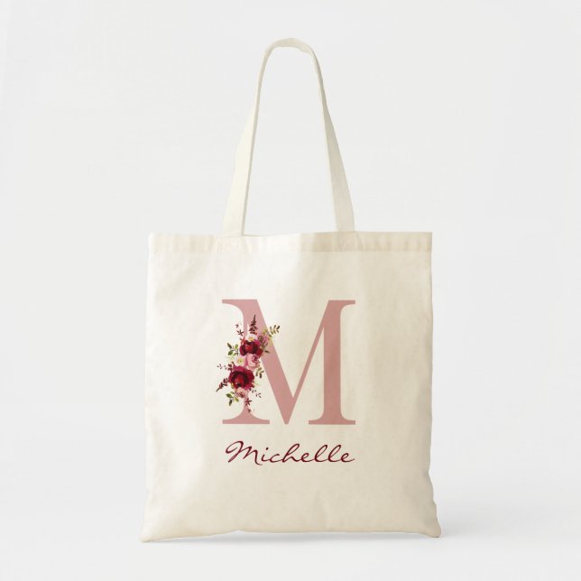 Blush Pink Burgundy Letter M Floral Tote Bag (Front)