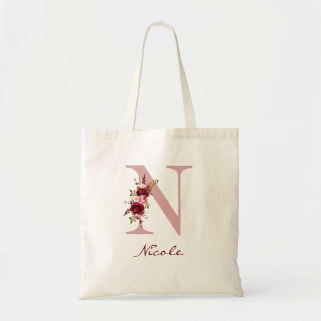 Blush Pink Burgundy Letter N Floral Tote Bag (Front)