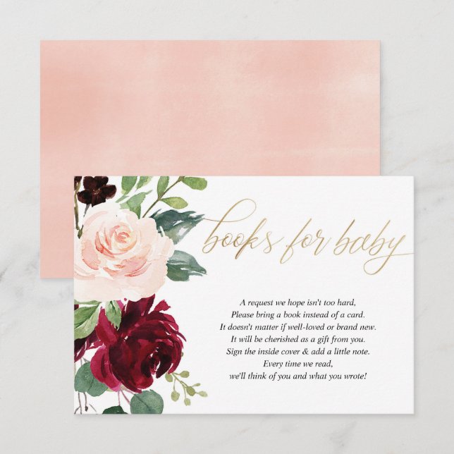 Blush pink burgundy marsala floral books for baby  enclosure card (Front/Back)