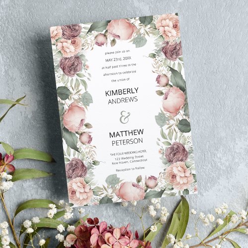 Blush pink burgundy mint peony floral Wedding Invitation