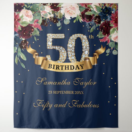 Blush pink burgundy navy floral boho 50th birthday tapestry