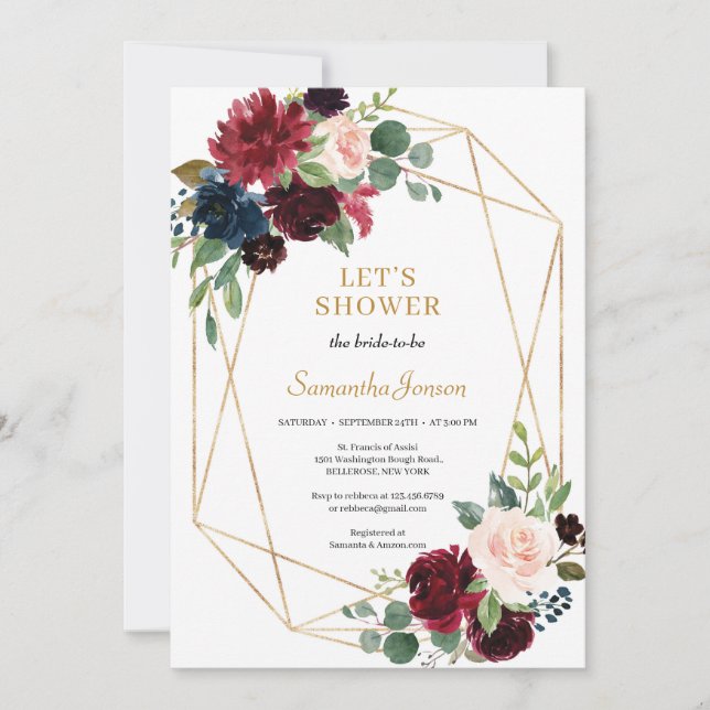 Blush pink burgundy navy floral boho bridal shower invitation (Front)