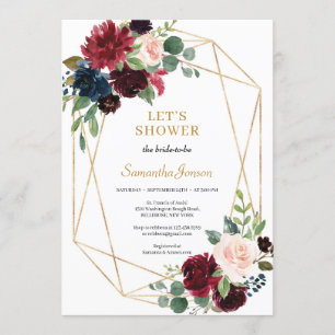 Blush pink burgundy navy floral boho bridal shower invitation