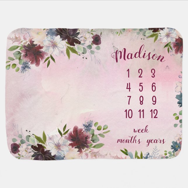 Blush Pink Burgundy Navy Floral Milestone Baby Blanket (Horizontal)