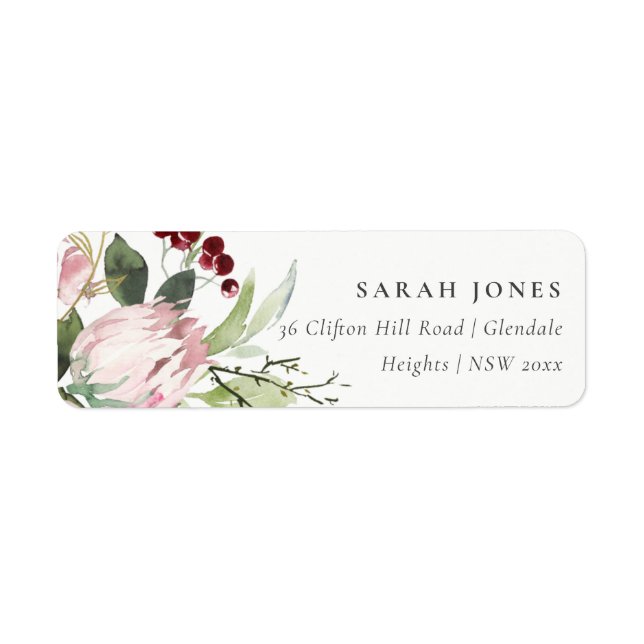 BLUSH PINK BURGUNDY PROTEA FLORAL ADDRESS LABEL (Front)