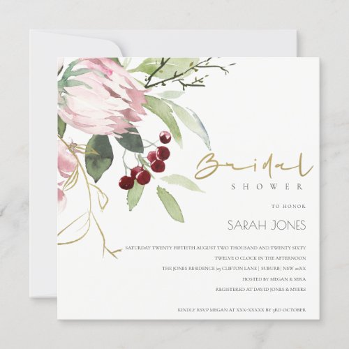 BLUSH PINK BURGUNDY PROTEA FLORAL BRIDAL SHOWER INVITATION