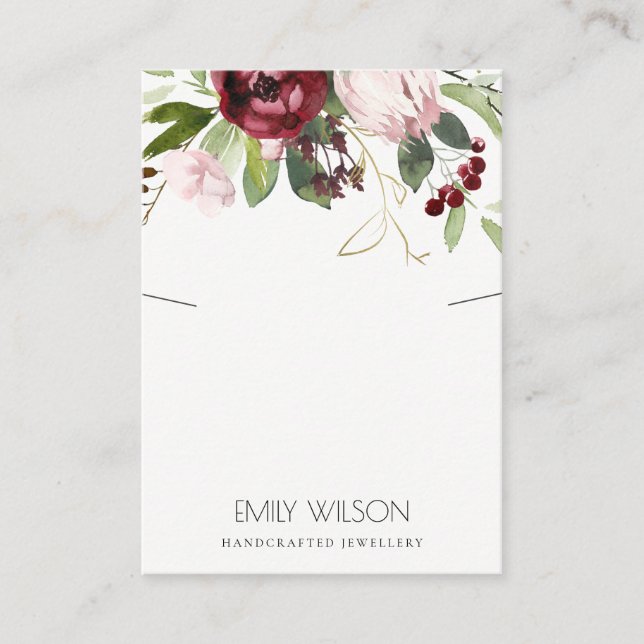 BLUSH PINK BURGUNDY PROTEA FLORAL NECKLACE DISPLAY BUSINESS CARD (Front)