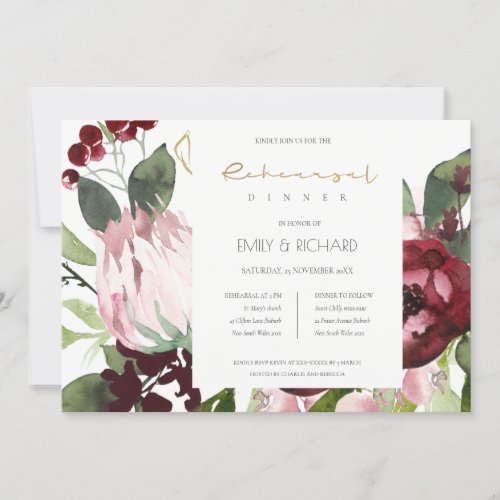 BLUSH PINK BURGUNDY PROTEA FLORAL REHEARSAL DINNER INVITATION