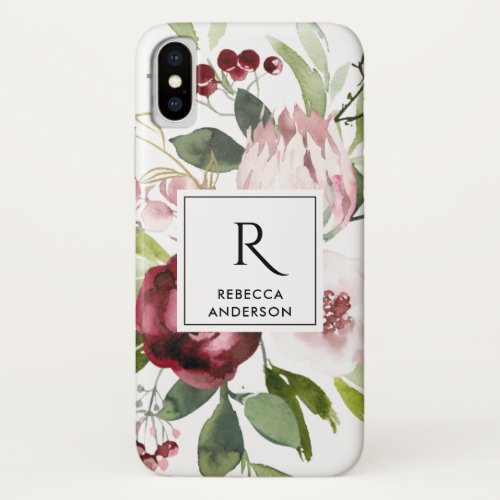 BLUSH PINK BURGUNDY PROTEA FLORAL WATERCOLOR iPhone X CASE