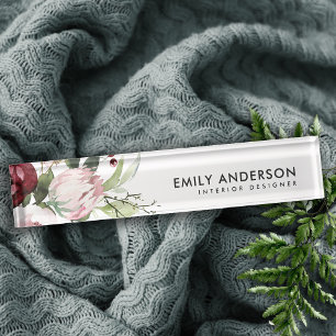 BLUSH PINK BURGUNDY PROTEA FLORAL WATERCOLOR DESK NAME PLATE
