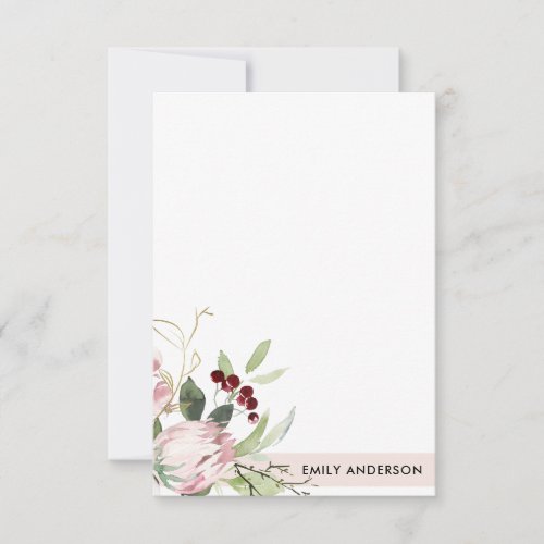 BLUSH PINK BURGUNDY PROTEA FLORAL WATERCOLOR NOTE CARD