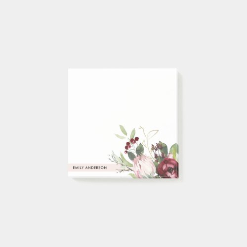 BLUSH PINK BURGUNDY PROTEA FLORAL WATERCOLOR POST_IT NOTES