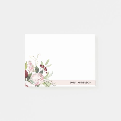 BLUSH PINK BURGUNDY PROTEA FLORAL WATERCOLOR POST_IT NOTES